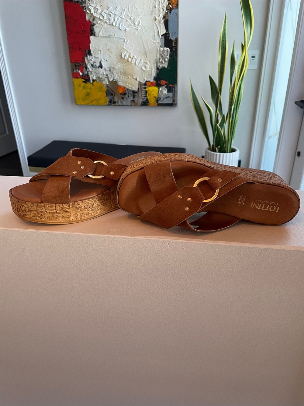 Brown Suede Platform Slide with Gold Ring Detail